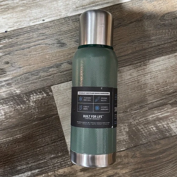 Stanley Olive Green Stainless Steel Vacuum Bottle with Silver Cap - Picture 2 of 3